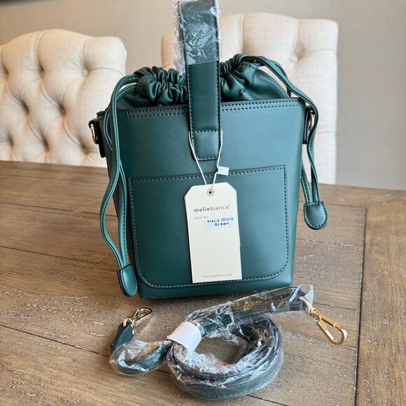 Melie Bianco Alexis Small Vegan Leather Bucket Crossbody Green NWT Drawstring - Picture 4 of 16